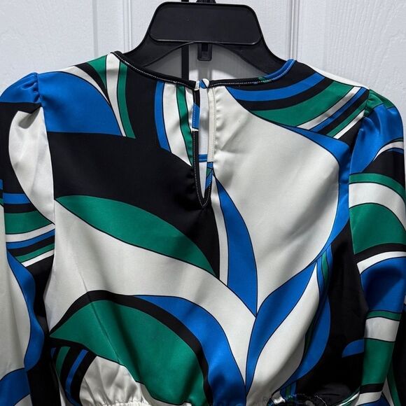 NWT House of Harlow 1960 woman's cropped long sleeve blouse blue multicolor S - Picture 9 of 12